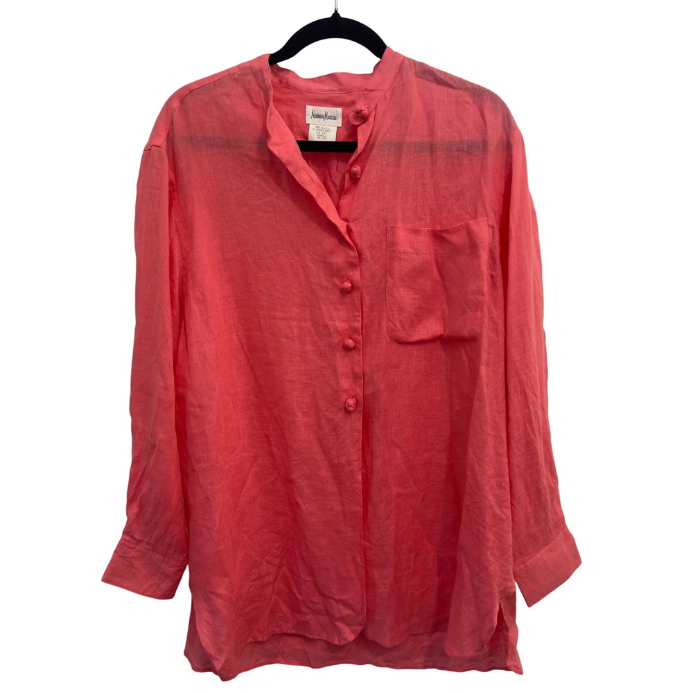Neiman Marcus 100% Linen Shirt Vintage Coral Pink Knot Button‎ Band Collar Small